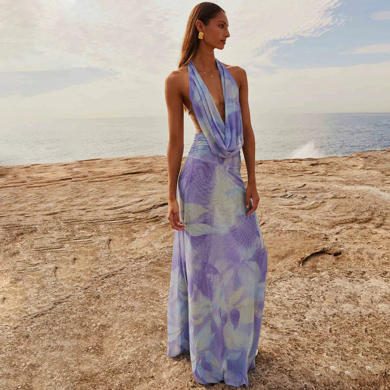 2pcs Tie Dye Printing Deep V-neck Suits Fashion Halter Backless Long Dresses For Beach Party Women Clothing