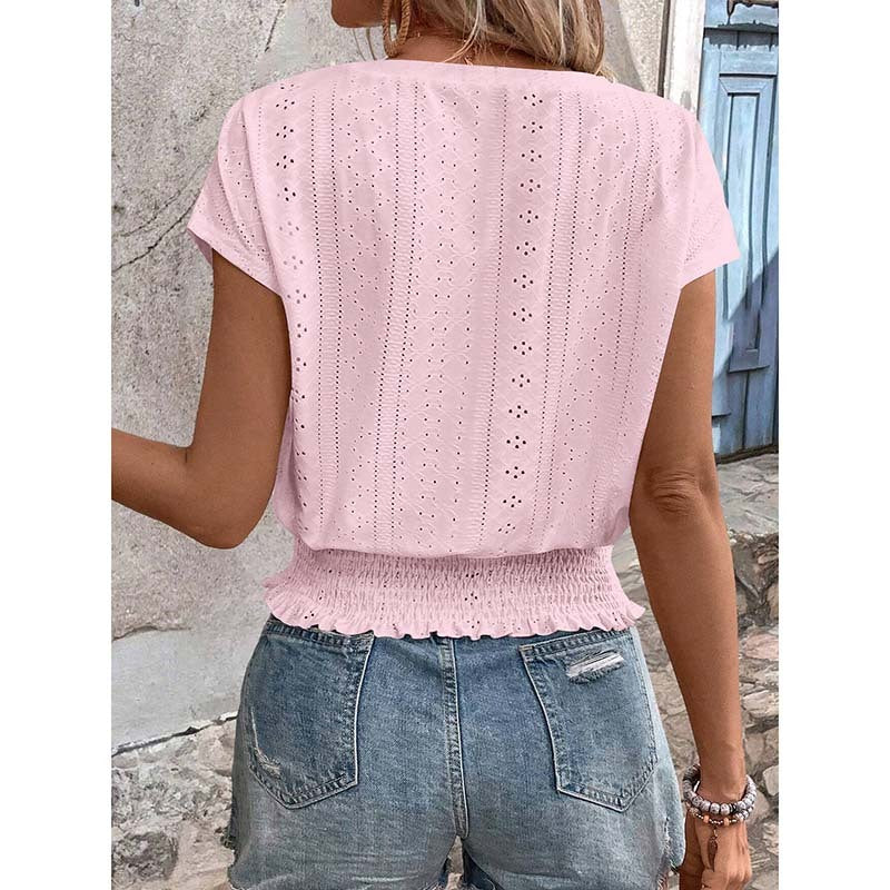 Women's Summer Eyelet Top – Casual V-Neck Short Sleeve Smocked Tunic Blouse