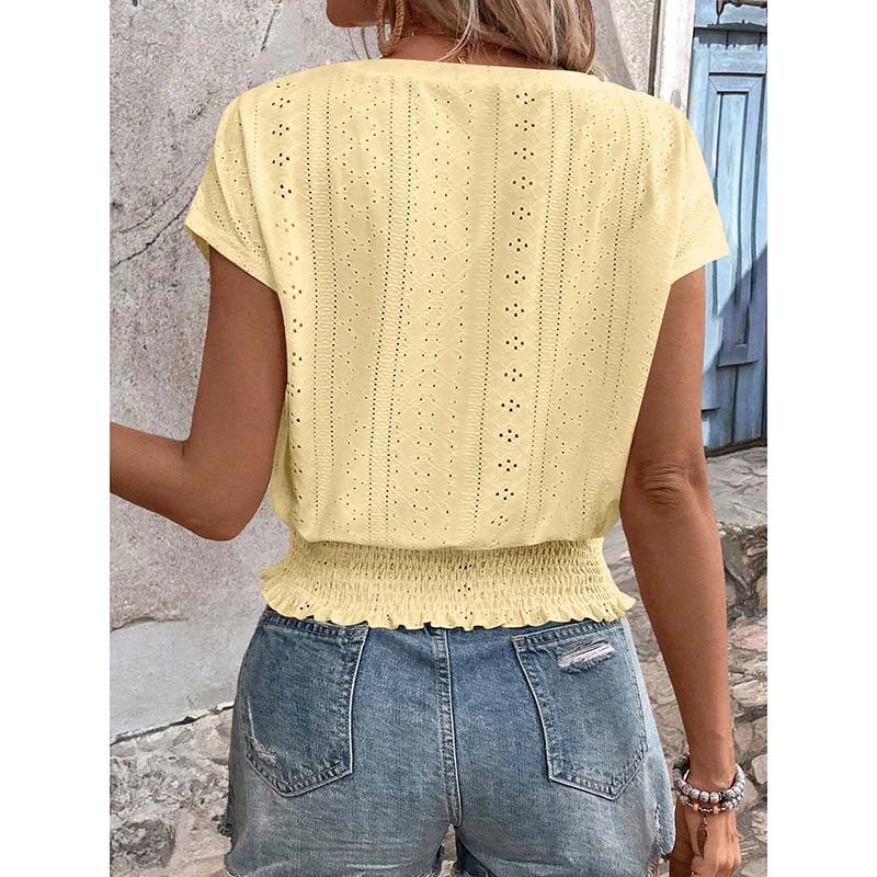 Women's Summer Eyelet Top – Casual V-Neck Short Sleeve Smocked Tunic Blouse