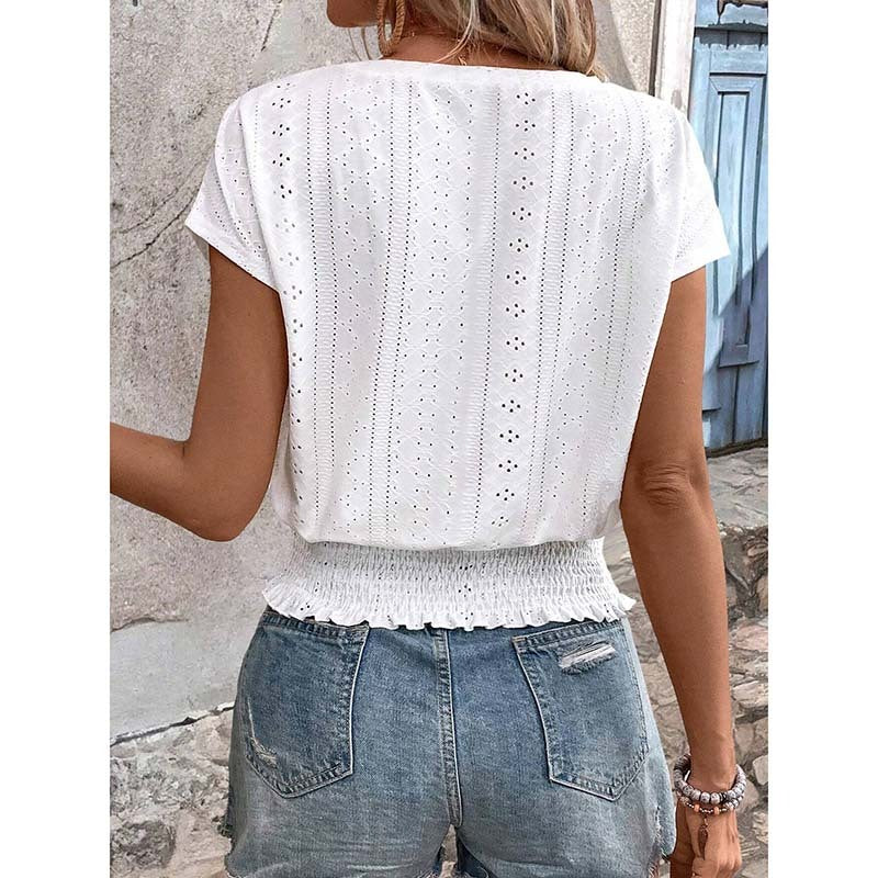 Women's Summer Eyelet Top – Casual V-Neck Short Sleeve Smocked Tunic Blouse