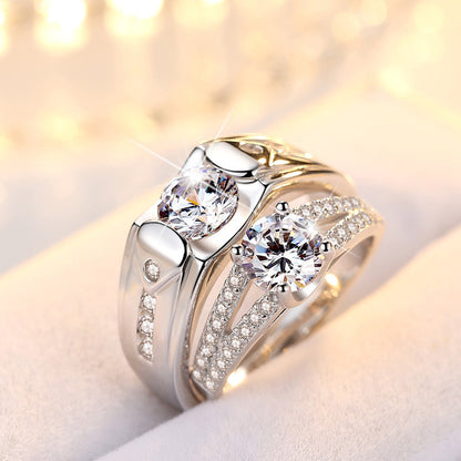 Diamond Romantic Couple Rings Men's Silver Plated