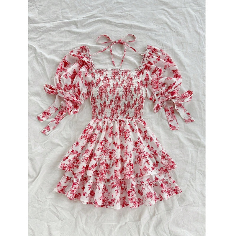 Women's Boho Floral Mini Dress – Puff Sleeve Square Neck Smocked Ruffle Dress