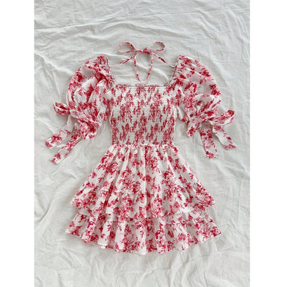 Women's Boho Floral Mini Dress – Puff Sleeve Square Neck Smocked Ruffle Dress