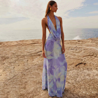 2pcs Tie Dye Printing Deep V-neck Suits Fashion Halter Backless Long Dresses For Beach Party Women Clothing