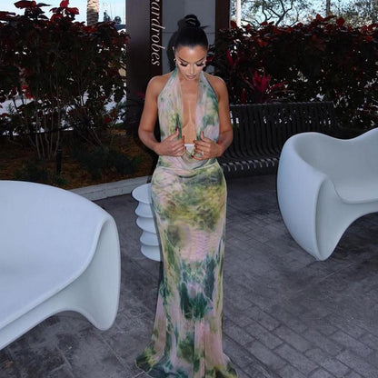 2pcs Tie Dye Printing Deep V-neck Suits Fashion Halter Backless Long Dresses For Beach Party Women Clothing