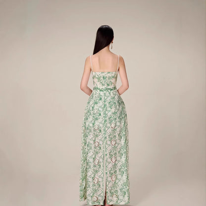 Retro Hollow Lace Green High Slit Dress
