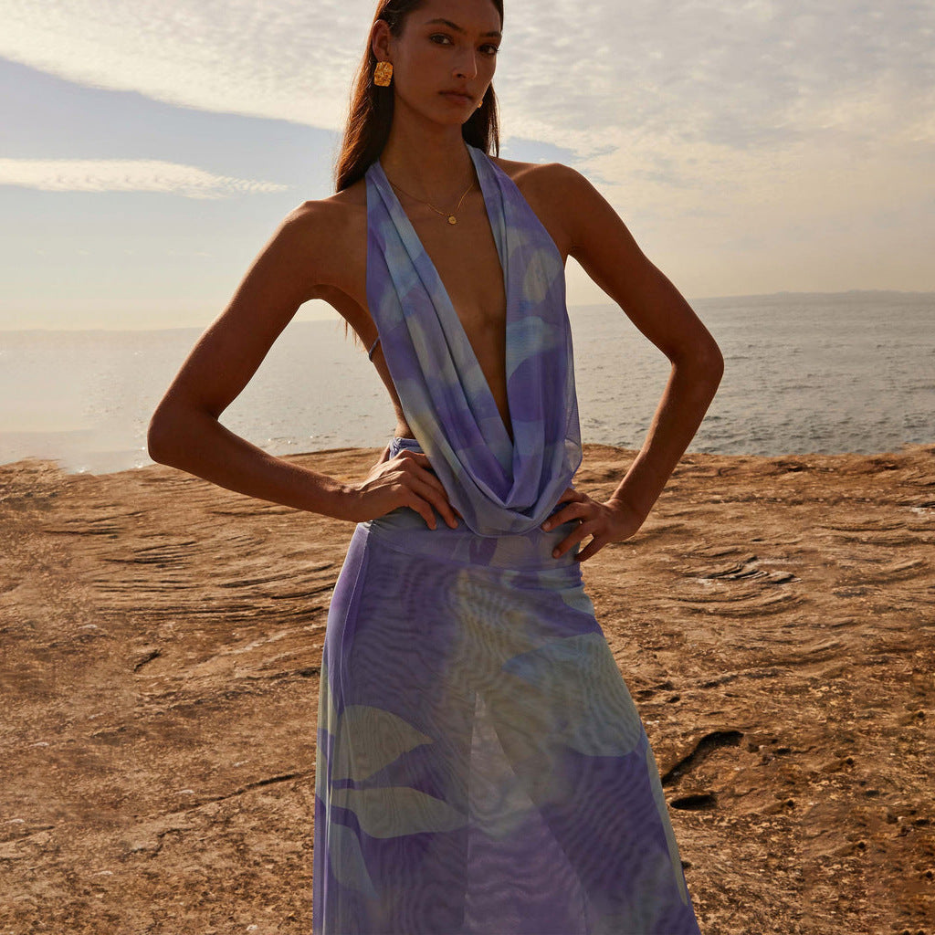 2pcs Tie Dye Printing Deep V-neck Suits Fashion Halter Backless Long Dresses For Beach Party Women Clothing