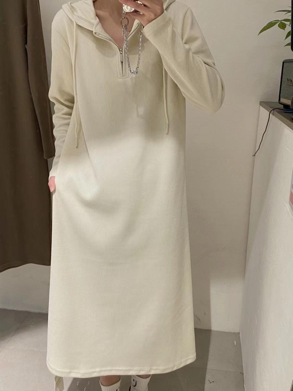 High-grade Ribbed Hooded Bottoming Skirt For Women, Autumn Loose And Versatile Long Dress
