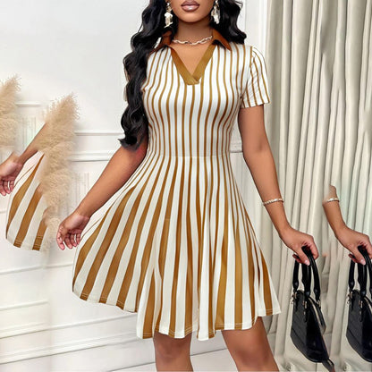 Women's Polo Dress – Elegant Striped V-Neck Short Sleeve A-Line Dress