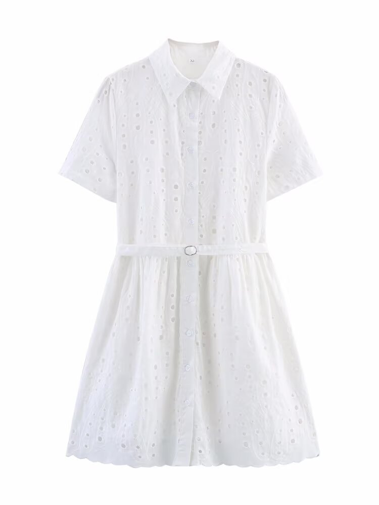 French Style Women's Hollow Embroidered Short Sleeve Dress