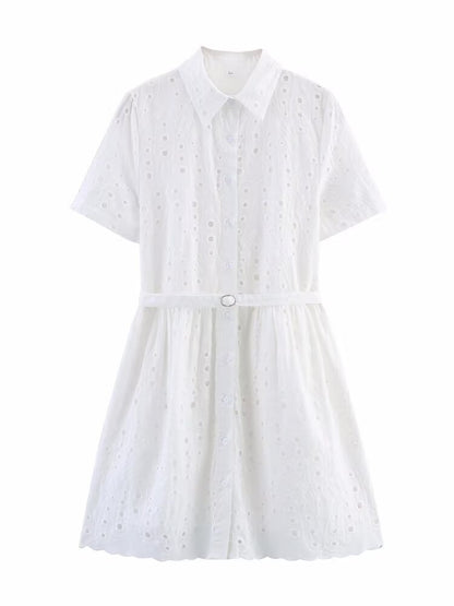French Style Women's Hollow Embroidered Short Sleeve Dress