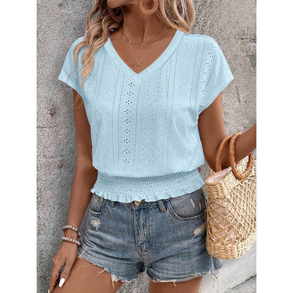 Women's Summer Eyelet Top – Casual V-Neck Short Sleeve Smocked Tunic Blouse