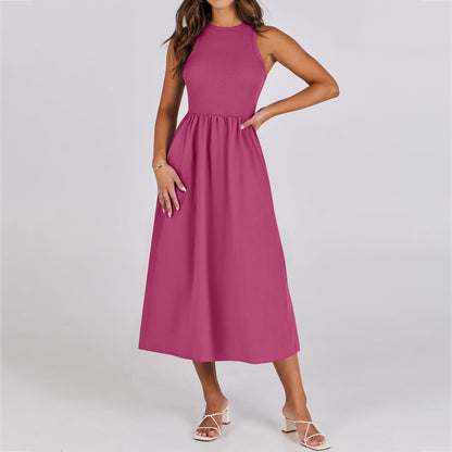 Sleeveless Knitted Stitching Casual Long With Pockets Advanced Sense Dress