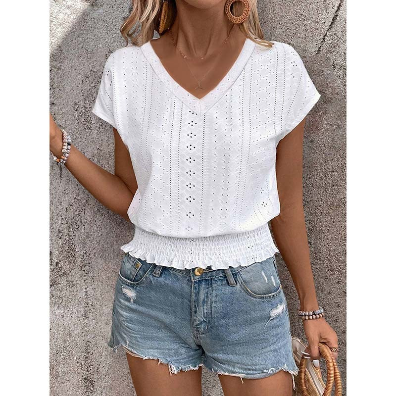 Women's Summer Eyelet Top – Casual V-Neck Short Sleeve Smocked Tunic Blouse