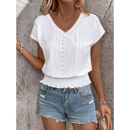 Women's Summer Eyelet Top – Casual V-Neck Short Sleeve Smocked Tunic Blouse