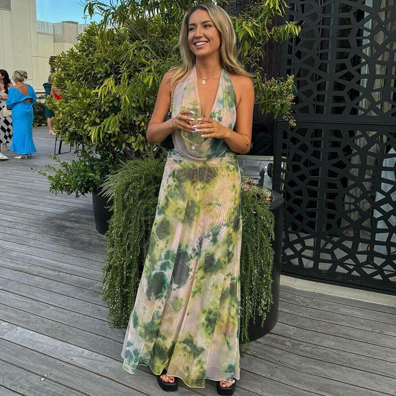 2pcs Tie Dye Printing Deep V-neck Suits Fashion Halter Backless Long Dresses For Beach Party Women Clothing
