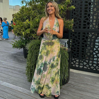 2pcs Tie Dye Printing Deep V-neck Suits Fashion Halter Backless Long Dresses For Beach Party Women Clothing