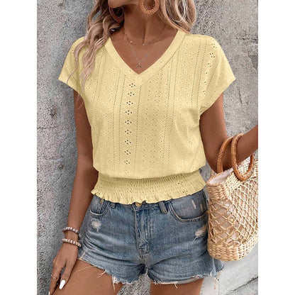 Women's Summer Eyelet Top – Casual V-Neck Short Sleeve Smocked Tunic Blouse
