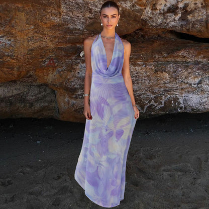 2pcs Tie Dye Printing Deep V-neck Suits Fashion Halter Backless Long Dresses For Beach Party Women Clothing