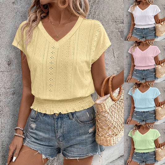 Women's Summer Eyelet Top – Casual V-Neck Short Sleeve Smocked Tunic Blouse
