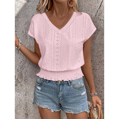Women's Summer Eyelet Top – Casual V-Neck Short Sleeve Smocked Tunic Blouse