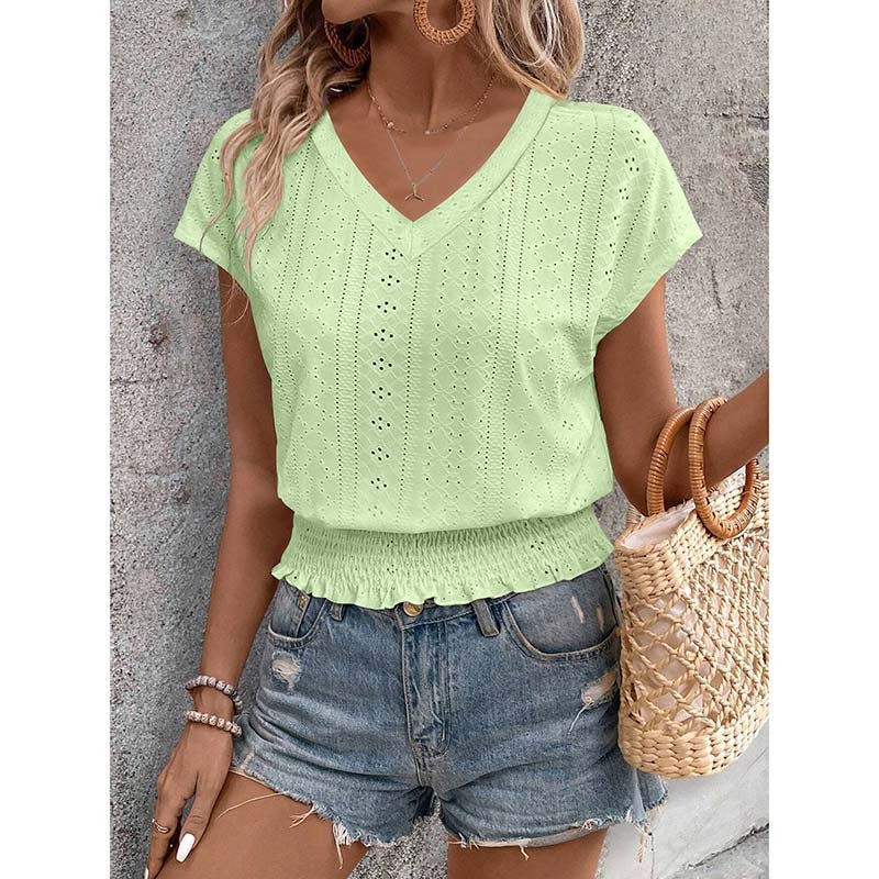 Women's Summer Eyelet Top – Casual V-Neck Short Sleeve Smocked Tunic Blouse