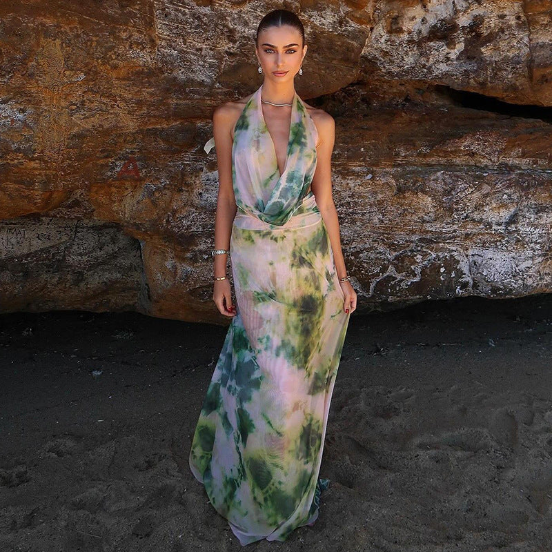 2pcs Tie Dye Printing Deep V-neck Suits Fashion Halter Backless Long Dresses For Beach Party Women Clothing