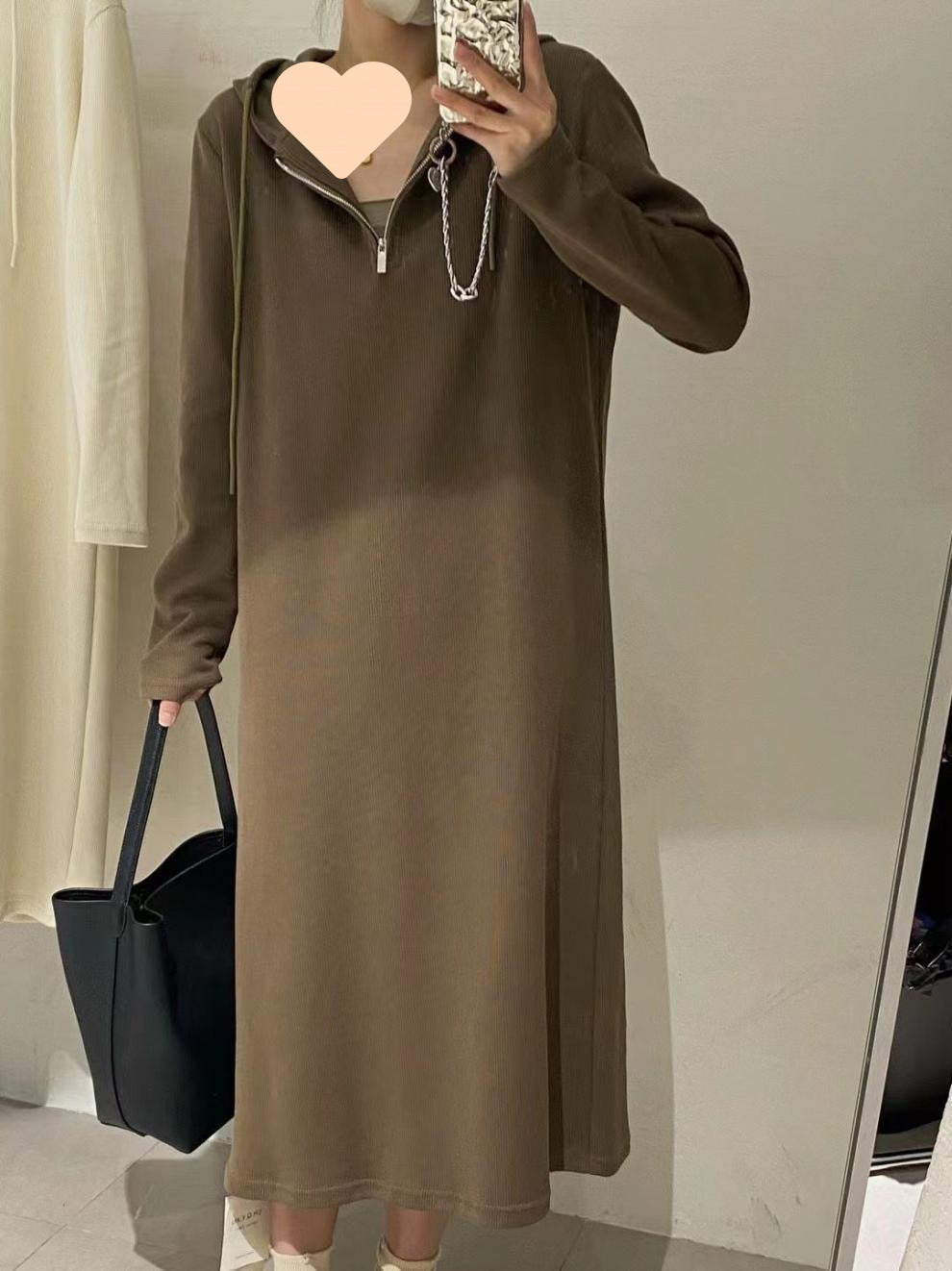High-grade Ribbed Hooded Bottoming Skirt For Women, Autumn Loose And Versatile Long Dress
