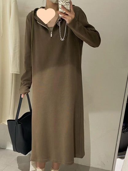High-grade Ribbed Hooded Bottoming Skirt For Women, Autumn Loose And Versatile Long Dress