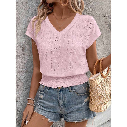 Women's Summer Eyelet Top – Casual V-Neck Short Sleeve Smocked Tunic Blouse