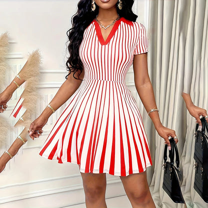 Women's Polo Dress – Elegant Striped V-Neck Short Sleeve A-Line Dress