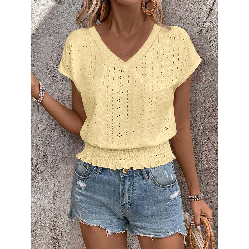 Women's Summer Eyelet Top – Casual V-Neck Short Sleeve Smocked Tunic Blouse