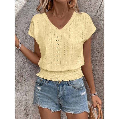 Women's Summer Eyelet Top – Casual V-Neck Short Sleeve Smocked Tunic Blouse
