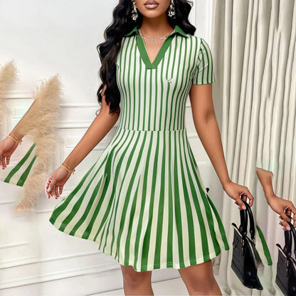 Women's Polo Dress – Elegant Striped V-Neck Short Sleeve A-Line Dress