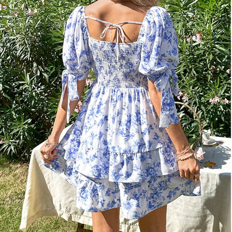 Women's Boho Floral Mini Dress – Puff Sleeve Square Neck Smocked Ruffle Dress