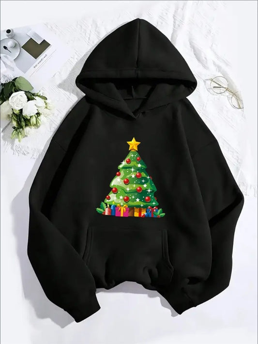 Women'S Christmas Tree Print Hoodie With Kangaroo Pocket - Casual Long Sleeve Sweatshirt, Machine Washable, All-Season Hooded Collar Top