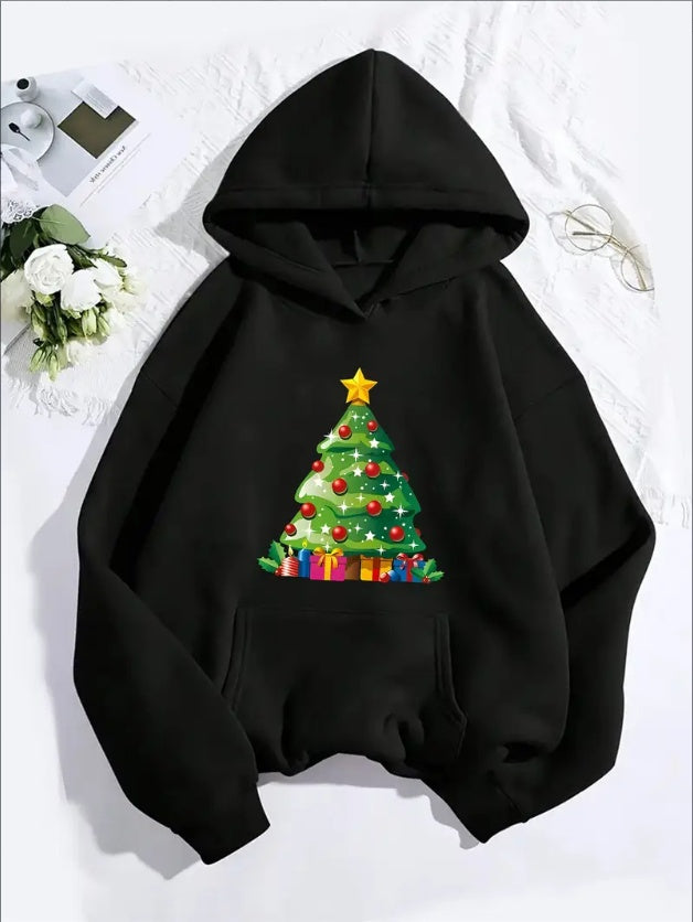Women'S Christmas Tree Print Hoodie With Kangaroo Pocket - Casual Long Sleeve Sweatshirt, Machine Washable, All-Season Hooded Collar Top