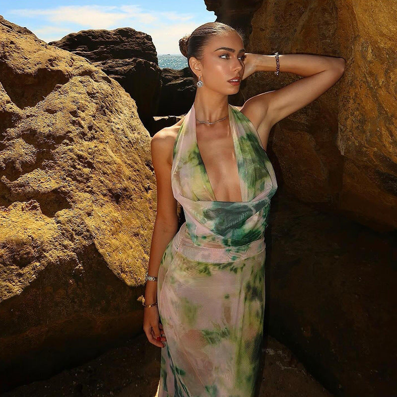 2pcs Tie Dye Printing Deep V-neck Suits Fashion Halter Backless Long Dresses For Beach Party Women Clothing