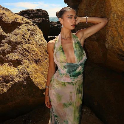 2pcs Tie Dye Printing Deep V-neck Suits Fashion Halter Backless Long Dresses For Beach Party Women Clothing