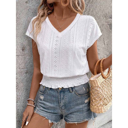 Women's Summer Eyelet Top – Casual V-Neck Short Sleeve Smocked Tunic Blouse