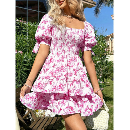 Women's Boho Floral Mini Dress – Puff Sleeve Square Neck Smocked Ruffle Dress