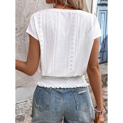 Women's Summer Eyelet Top – Casual V-Neck Short Sleeve Smocked Tunic Blouse